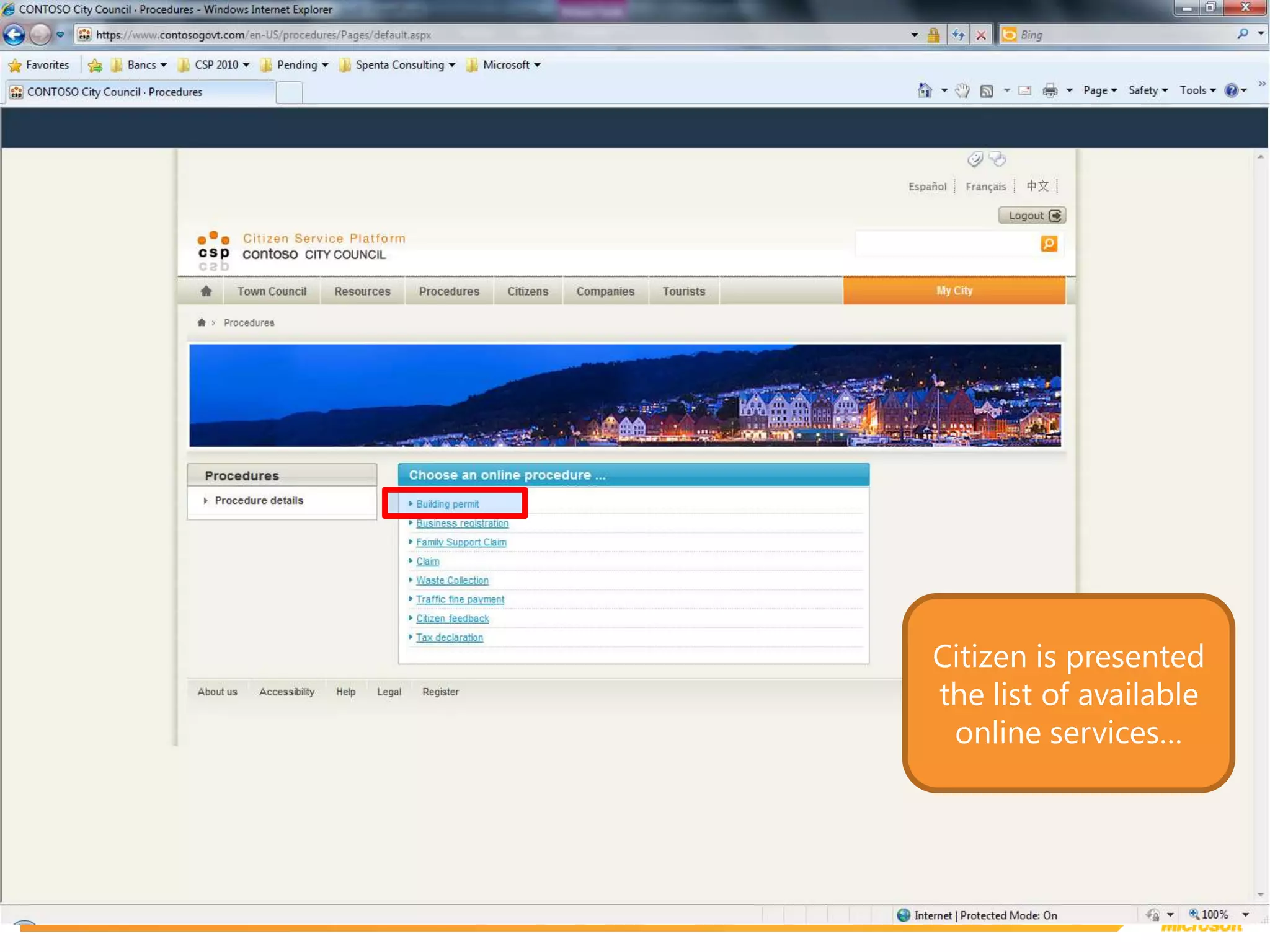 Citizen is presented the list of available online services…