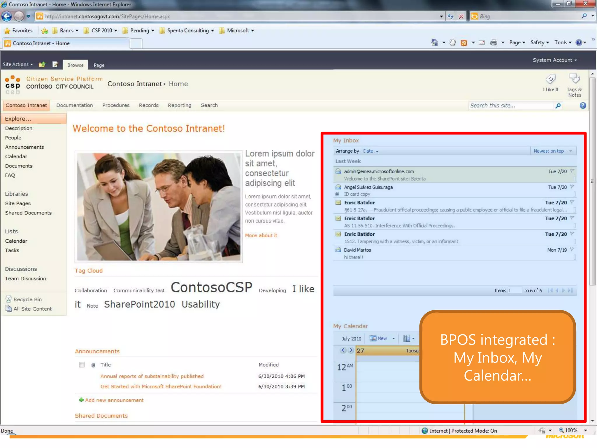 BPOS integrated :My Inbox, My Calendar…