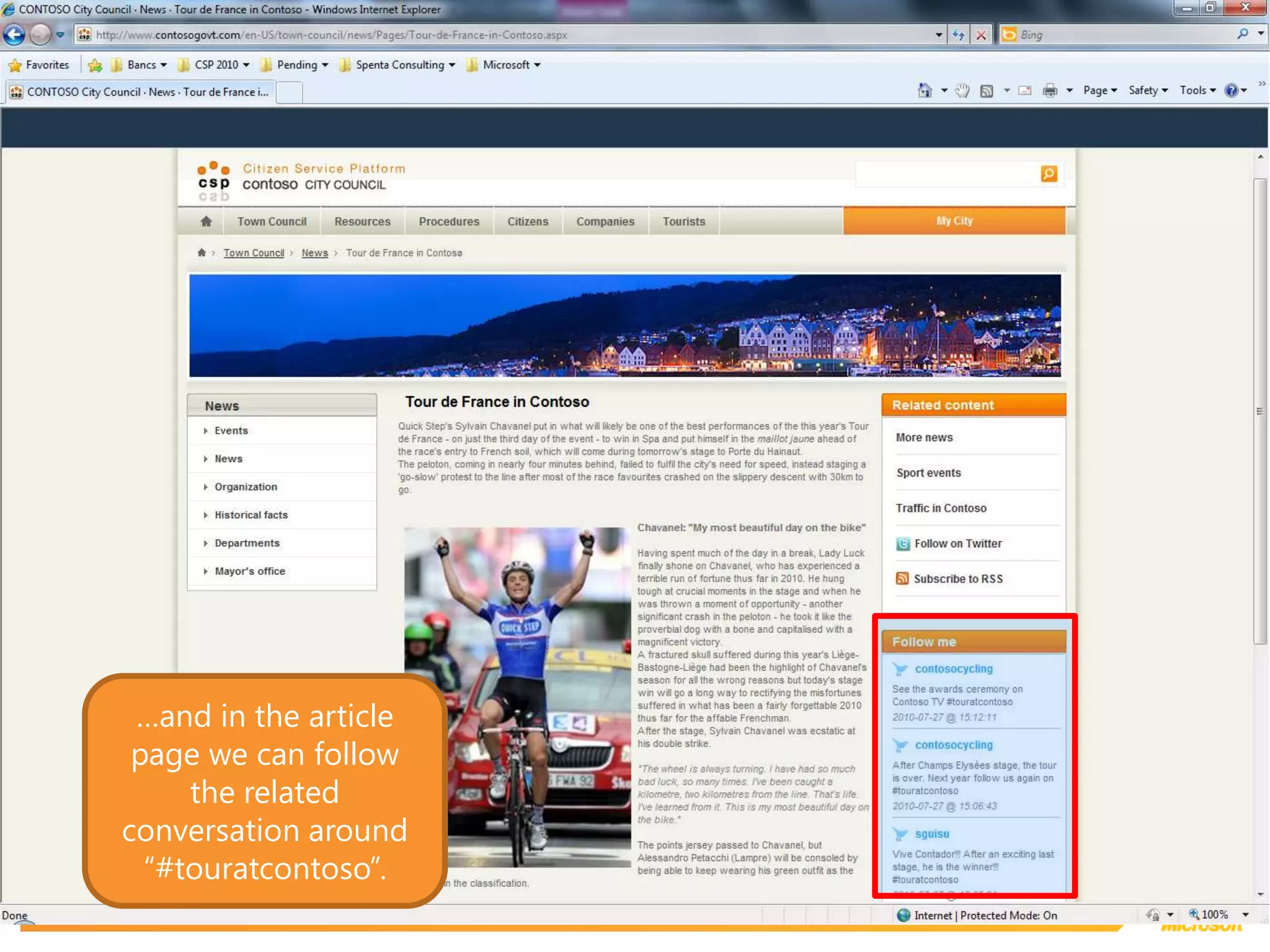 …and in the article page we can follow the related conversation around “#touratcontoso”.