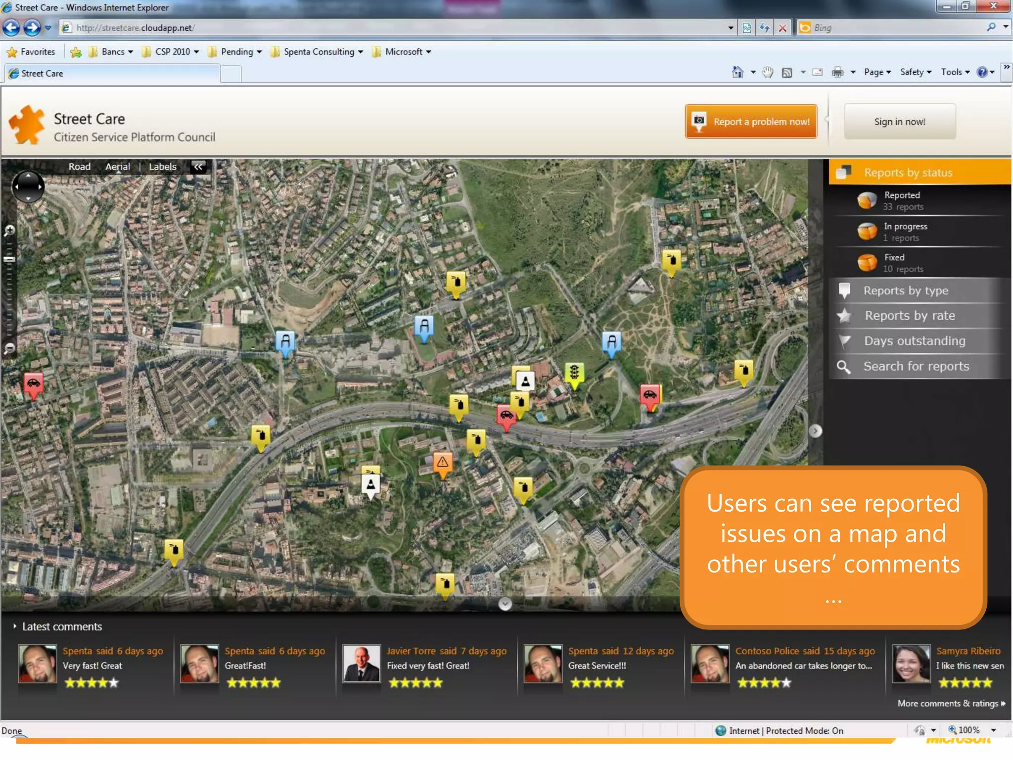 Users can see reported issues on a map and other users’ comments …