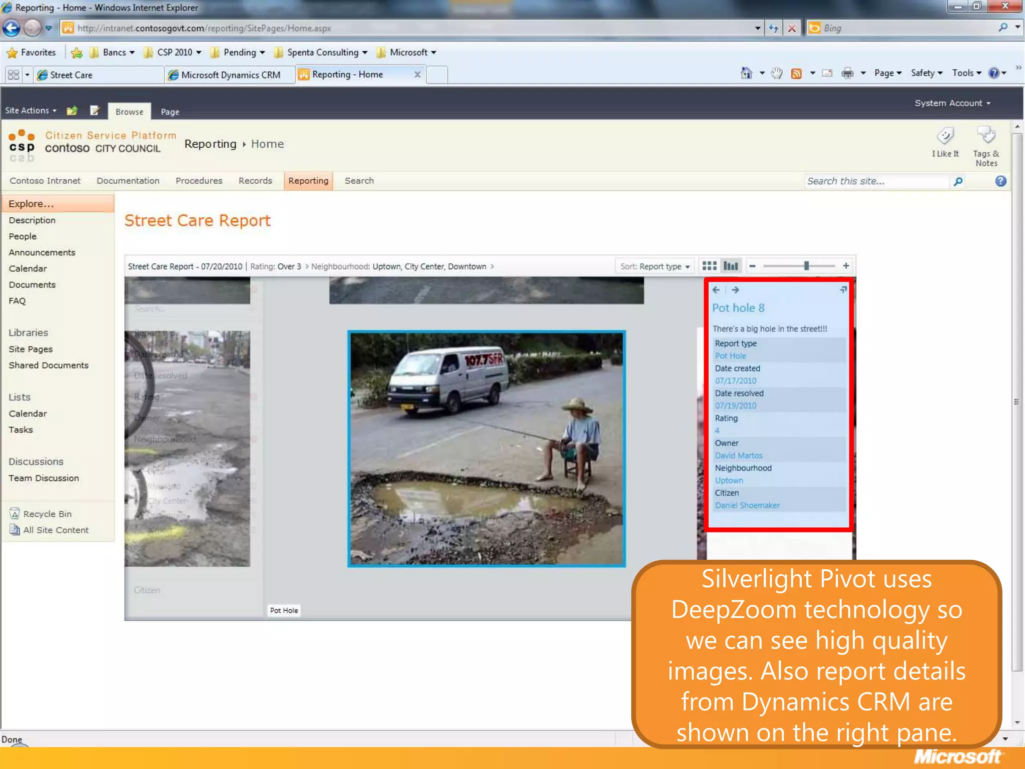 Silverlight Pivot uses DeepZoom technology so we can see high quality images. Also report details from Dynamics CRM are shown on the right pane.