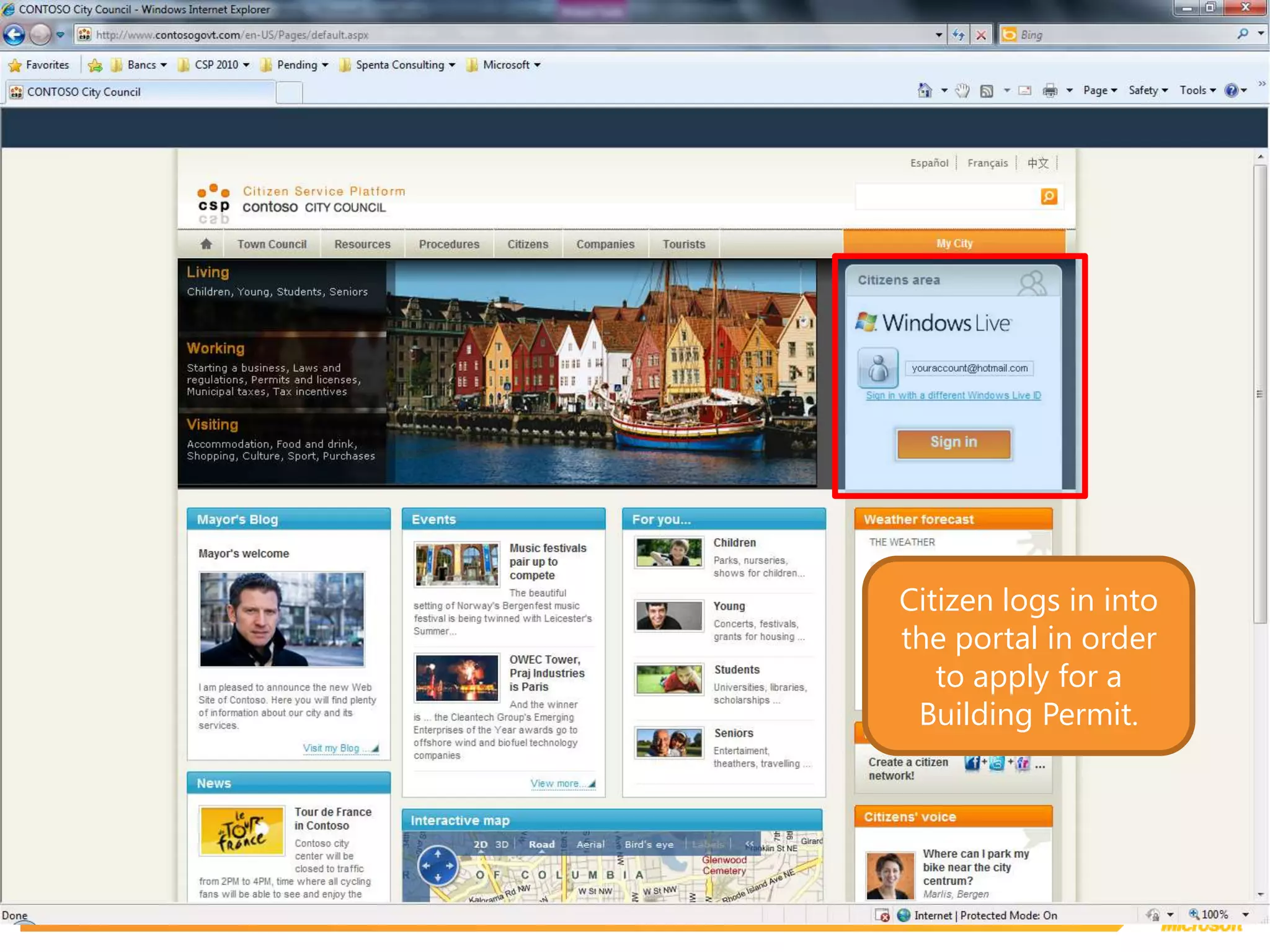 Citizen logs in into the portal in order to apply for a Building Permit.