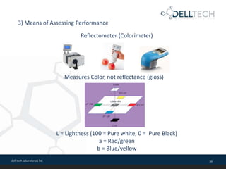 dell tech laboratories ltd. 30
Reflectometer (Colorimeter)
3) Means of Assessing Performance
Measures Color, not reflectance (gloss)
L = Lightness (100 = Pure white, 0 = Pure Black)
a = Red/green
b = Blue/yellow
 