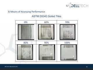 dell tech laboratories ltd. 33
ASTM D5343 Soiled Tiles
3) Means of Assessing Performance
0% 60% 70%
80% 90% 100%
 