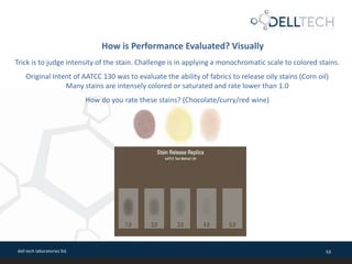 dell tech laboratories ltd. 53
Trick is to judge intensity of the stain. Challenge is in applying a monochromatic scale to colored stains.
Original Intent of AATCC 130 was to evaluate the ability of fabrics to release oily stains (Corn oil)
Many stains are intensely colored or saturated and rate lower than 1.0
How do you rate these stains? (Chocolate/curry/red wine)
How is Performance Evaluated? Visually
 