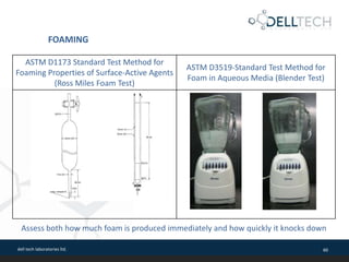 dell tech laboratories ltd. 60
FOAMING
ASTM D1173 Standard Test Method for
Foaming Properties of Surface-Active Agents
(Ross Miles Foam Test)
ASTM D3519-Standard Test Method for
Foam in Aqueous Media (Blender Test)
Assess both how much foam is produced immediately and how quickly it knocks down
 