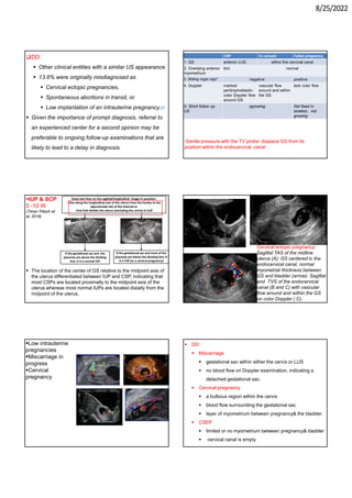 8/25/2022
DD:
 Other clinical entities with a similar US appearance.
 13.6% were originally misdiagnosed as
 Cervical ectopic pregnancies,
 Spontaneous abortions in transit, or
 Low implantation of an intrauterine pregnancy.21
 Given the importance of prompt diagnosis, referral to
an experienced center for a second opinion may be
preferable to ongoing follow-up examinations that are
likely to lead to a delay in diagnosis.
Failed pregnancy
Cx ectopic
CSP
within the cervical canal
anterior LUS
1. GS
normal
thin
2. Overlying anterior
myometrium
positive
negative
3. Sliding organ sign*
lack color flow
vascular flow
around and within
the GS
marked
peritrophoblastic
color Doppler flow
around GS
4. Doppler
Not fixed in
location, not
growing
±growing
5. Short follow up
US
*Gentle pressure with the TV probe: displace GS from its
position within the endocervical canal
 The location of the center of GS relative to the midpoint axis of
the uterus differentiated between IUP and CSP, indicating that
most CSPs are located proximally to the midpoint axis of the
uterus whereas most normal IUPs are located distally from the
midpoint of the uterus.
IUP & SCP
5 -10 W
(Timor-Tritsch et
al, 2016)
Cervical ectopic pregnancy:
Sagittal TAS of the midline
uterus (A): GS centered in the
endocervical canal, normal
myometrial thickness between
GS and bladder (arrow). Sagittal
and TVS of the endocervical
canal (B and C) with vascular
flow around and within the GS
on color Doppler ( C).
Low intrauterine
pregnancies
Miscarriage in
progress
Cervical
pregnancy
 DD:
 Miscarriage
 gestational sac within either the cervix or LUS
 no blood flow on Doppler examination, indicating a
detached gestational sac.
 Cervical pregnancy
 a bulbous region within the cervix
 blood flow surrounding the gestational sac
 layer of myometrium between pregnancy& the bladder.
 CSEP
 limited or no myometrium between pregnancy& bladder
 cervical canal is empty
 