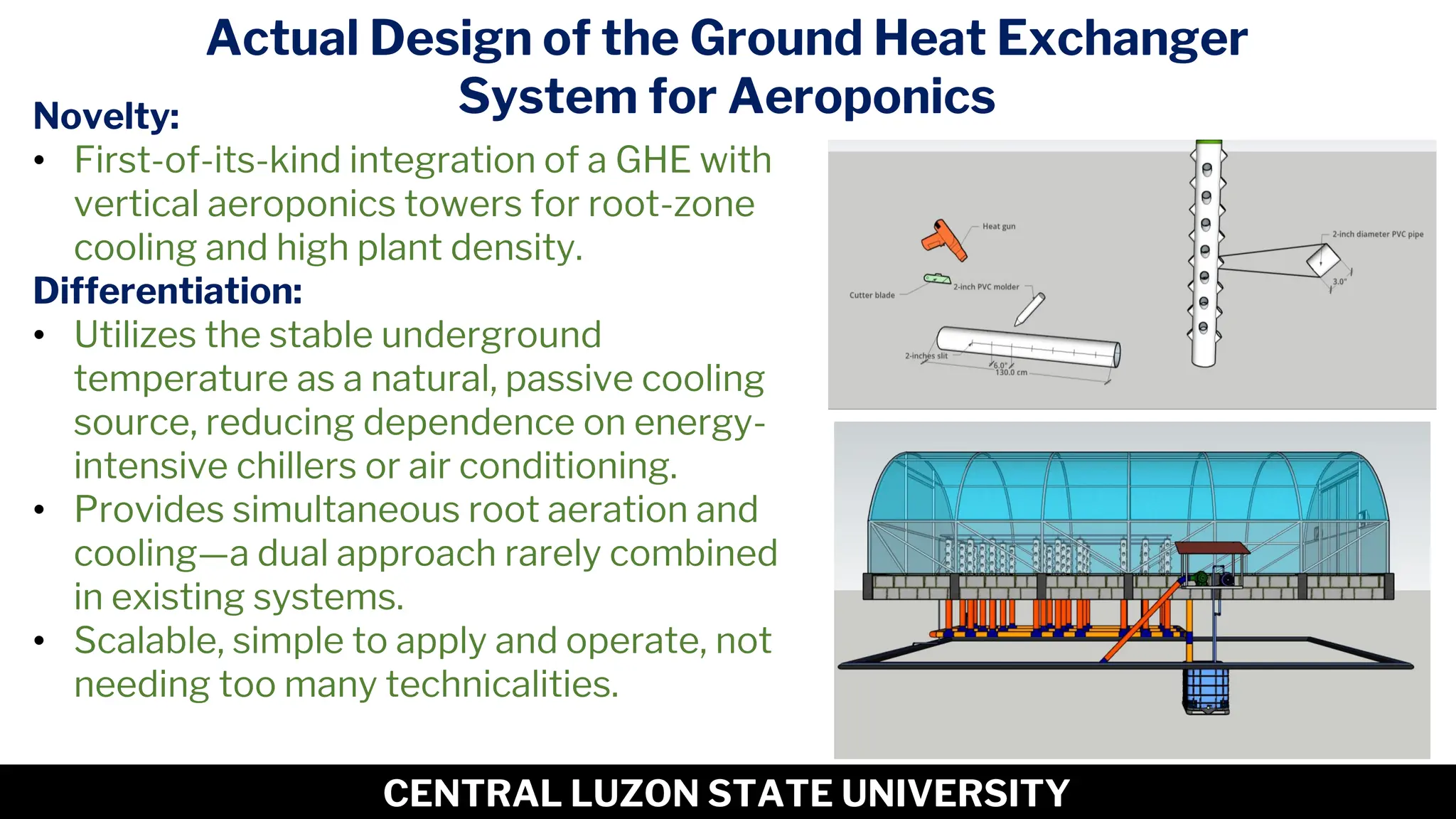 6
CENTRAL LUZON STATE UNIVERSITY
Actual Design of the Ground Heat Exchanger
System for Aeroponics
Novelty:
• First-of-its-kind integration of a GHE with
vertical aeroponics towers for root-zone
cooling and high plant density.
Differentiation:
• Utilizes the stable underground
temperature as a natural, passive cooling
source, reducing dependence on energy-
intensive chillers or air conditioning.
• Provides simultaneous root aeration and
cooling—a dual approach rarely combined
in existing systems.
• Scalable, simple to apply and operate, not
needing too many technicalities.
 