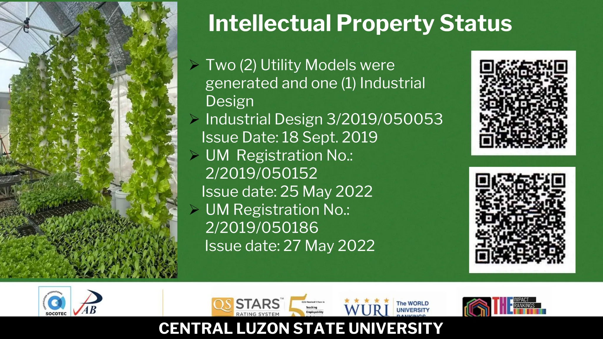 Intellectual Property Status
➢ Two (2) Utility Models were
generated and one (1) Industrial
Design
➢ Industrial Design 3/2019/050053
Issue Date: 18 Sept. 2019
➢ UM Registration No.:
2/2019/050152
Issue date: 25 May 2022
➢ UM Registration No.:
2/2019/050186
Issue date: 27 May 2022
CENTRAL LUZON STATE UNIVERSITY
 