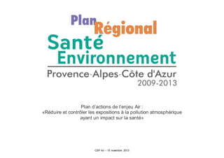 CSP Air – 15 novembre 2013
Plan d’actions de l’enjeu Air :
«Réduire et contrôler les expositions à la pollution atmosphérique
ayant un impact sur la santé»
 