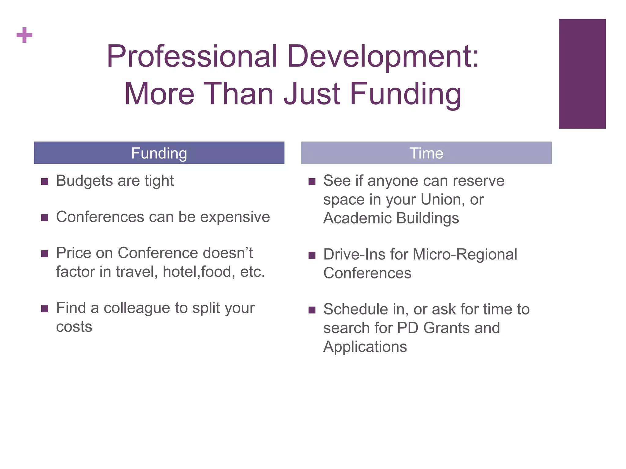 +
                Professional Development:
                 More Than Just Funding
                    Funding                                  Time
       Budgets are tight                       See if anyone can reserve
                                                 space in your Union, or
       Conferences can be expensive             Academic Buildings

       Price on Conference doesn’t             Drive-Ins for Micro-Regional
        factor in travel, hotel,food, etc.       Conferences

       Find a colleague to split your          Schedule in, or ask for time to
        costs                                    search for PD Grants and
                                                 Applications
 
