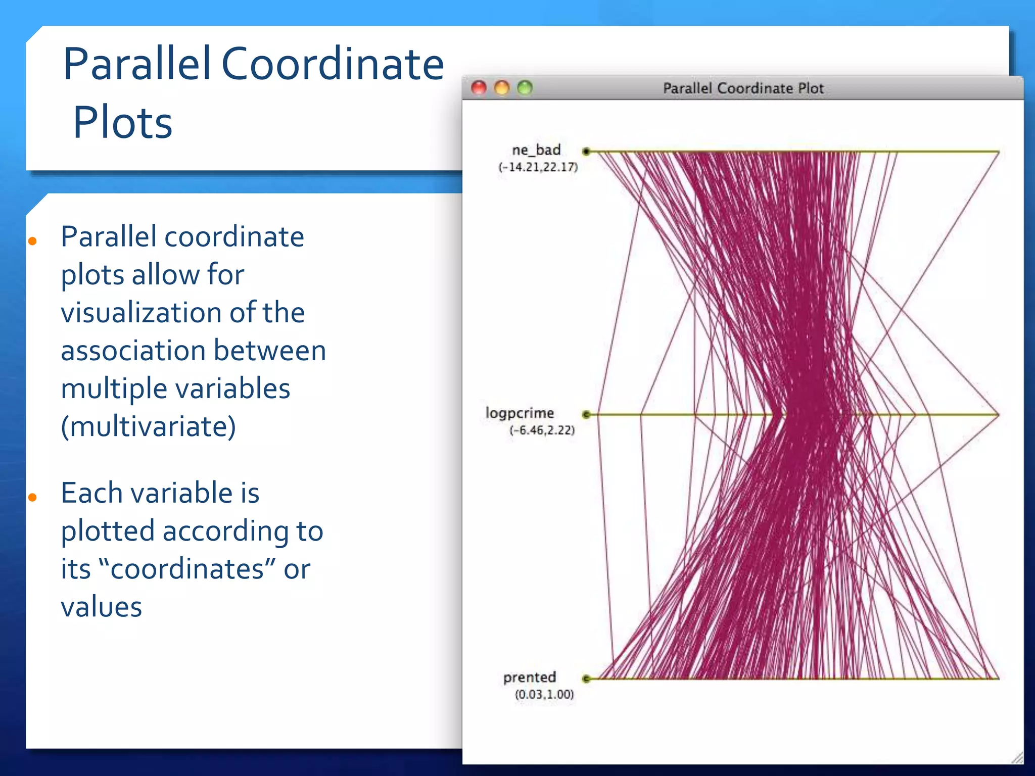 Parallel Coordinate
Plots
 Parallel coordinate
plots allow for
visualization of the
association between
multiple variables
(multivariate)
 Each variable is
plotted according to
its “coordinates” or
values
 