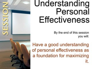 Understanding
Personal
Effectiveness
By the end of this session
you will:
Have a good understanding
of personal effectiven...