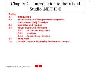 Chapter 2 – Introduction to the Visual Studio .NET IDE Outline 2.1 Introduction 2.2 Visual Studio .NET Integrated Development  Environment (IDE) Overview 2.3 Menu Bar and Toolbar 2.4 Visual Studio .NET Windows 2.4.1  Solution Explorer 2.4.2  Toolbox 2.4.3  Properties Window 2.5 Using Help 2.6 Simple Program: Displaying Text and an Image 