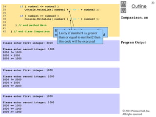 Comparison.cs Program Output 34  if  ( number1 <= number2 ) 35  Console.WriteLine( number1 +  " <= "  + number2 ); 36  37  if  ( number1 >= number2 ) 38  Console.WriteLine( number1 +  " >= "  + number2 ); 39  40  }  // end method Main 41  42  }  // end class Comparison Please enter first integer: 2000   Please enter second integer: 1000 2000 != 1000 2000 > 1000 2000 >= 1000 Please enter first integer: 1000   Please enter second integer: 2000 1000 != 2000 1000 < 2000 1000 <= 2000 Please enter first integer: 1000   Please enter second integer: 1000 1000 == 1000 1000 <= 1000 1000 >= 1000 If number1 is less than or equal to number2 then this code will be used Lastly if number1 is greater than or equal to number2 then this code will be executed 