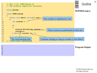 DoWhileLoop.cs Program Output 1  // Fig. 5.12: DoWhileLoop.cs 2  // The do/while repetition structure. 3  4  using  System; 5  6  class  DoWhileLoop 7  { 8  static   void  Main(  string [] args ) 9  { 10   int  counter =  1 ; 11  12  do   13  { 14   Console.WriteLine( counter ); 15   counter++; 16   }  while  ( counter <=  5  ); 17  18  }  // end method Main 19  20  }  // end class DoWhileLoop 1 2 3 4 5   The counter is initialized to one These actions are performed at least one  Continue looping as long as counter is less than 6 The incrementing task 