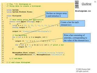 Histogram.cs 1  // Fig. 7.5: Histogram.cs 2  // Using data to create a histogram. 3  4  using  System; 5  using  System.Windows.Forms; 6  7  class  Histogram 8  { 9  // main entry point for application 10  static   void  Main(  string [] args ) 11  { 12   int [] n = {  19 ,  3 ,  15 ,  7 ,  11 ,  9 ,  13 ,  5 ,  17 ,  1  }; 13  string  output = ""; 14  15  output +=  "Element\tvalue\tHistogram\n" ; 16  17  // build output 18   for  (  int  i = 0; i < n.Length; i++ ) 19  { 20  output +=  "\n"  + i +  "\t"  + n[ i ] +  "\t" ; 21  22   for  (  int  j =  1 ; j <= n[ i ]; j++ )  // print a bar 23  output +=  "*" ; 24  } 25  26  MessageBox.Show( output,  "Histogram Printing Program" , 27  MessageBoxButtons. OK , MessageBoxIcon. Information  ); 28  29  }  // end Main 30  31  }  // end class Histogram Declare an integer array n and initialize it Create a bar for each element in n Print a bar consisting of asterisks, corresponding to the value of the element in n 