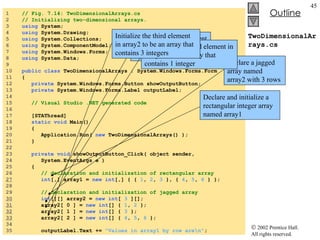 TwoDimensionalArrays.cs 1  // Fig. 7.14: TwoDimensionalArrays.cs 2  // Initializing two-dimensional arrays. 3  using  System; 4  using  System.Drawing; 5  using  System.Collections; 6  using  System.ComponentModel; 7  using  System.Windows.Forms; 8  using  System.Data; 9  10  public   class  TwoDimensionalArrays : System.Windows.Forms.Form 11  { 12  private  System.Windows.Forms.Button showOutputButton; 13  private  System.Windows.Forms.Label outputLabel; 14  15  // Visual Studio .NET generated code 16  17  [STAThread] 18  static   void  Main()  19  { 20  Application.Run(  new  TwoDimensionalArrays() ); 21  } 22  23  private   void  showOutputButton_Click( object sender,  24  System.EventArgs e ) 25  { 26  // declaration and initialization of rectangular array 27   int [,] array1 =  new   int [,] { {  1 ,  2 ,  3  }, {  4 ,  5 ,  6  } }; 28  29  // declaration and initialization of jagged array 30   int [][] array2 =  new   int [  3  ][]; 31   array2[ 0 ] =  new   int [] {  1 ,  2  }; 32   array2[ 1 ] =  new   int [] {  3  }; 33   array2[ 2 ] =  new   int [] {  4 ,  5 ,  6  }; 34  35  outputLabel.Text +=  "Values in array1 by row are\n" ; Declare and initialize a rectangular integer array named array1 Declare a jagged array named array2 with 3 rows Initialize the first element in array2 to be an array that contains two integers Initialize the second element in array2 to be an array that contains 1 integer Initialize the third element in array2 to be an array that contains 3 integers 
