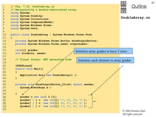 DoubleArray.cs 1  // Fig. 7.15: DoubleArray.cs 2  // Manipulating a double-subscripted array. 3  using  System; 4  using  System.Drawing; 5  using  System.Collections; 6  using  System.ComponentModel; 7  using  System.Windows.Forms; 8  using  System.Data; 9  10  public   class  DoubleArray : System.Windows.Forms.Form 11  { 12  private  System.Windows.Forms.Button showOutputButton; 13  private  System.Windows.Forms.Label outputLabel; 14  15  int [][] grades; 16  int  students, exams; 17  18  // Visual Studio .NET generated code 19  20  [STAThread] 21  static   void  Main()  22  { 23  Application.Run(  new  DoubleArray() ); 24  } 25  26  private   void  showOutputButton_Click(  object  sender,  27  System.EventArgs e ) 28  29  { 30   grades =  new   int [ 3 ][]; 31   grades[  0  ] =  new   int []{  77 ,  68 ,  86 ,  73  }; 32   grades[  1  ] =  new   int []{  96 ,  87 ,  89 ,  81  }; 33   grades[  2  ] =  new   int []{  70 ,  90 ,  86 ,  81  }; 34  Initialize array grades to have 3 rows Initialize each element in array grades 