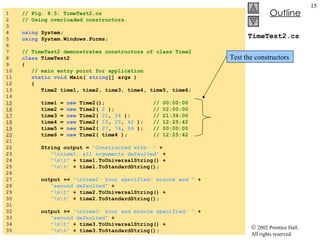 TimeTest2.cs 1  // Fig. 8.5: TimeTest2.cs 2  // Using overloaded constructors. 3  4  using  System; 5  using  System.Windows.Forms; 6  7  // TimeTest2 demonstrates constructors of class Time2 8  class  TimeTest2 9  { 10  // main entry point for application 11  static void  Main(  string [] args ) 12  { 13  Time2 time1, time2, time3, time4, time5, time6; 14  15   time1 =  new  Time2();  // 00:00:00 16   time2 =  new  Time2(  2  );  // 02:00:00 17   time3 =  new  Time2(  21 ,  34  );  // 21:34:00 18   time4 =  new  Time2(  12 ,  25 ,  42  );  // 12:25:42 19   time5 =  new  Time2(  27 ,  74 ,  99  );  // 00:00:00 20   time6 =  new  Time2( time4 );  // 12:25:42 21  22  String output =  "Constructed with: "  + 23  "\ntime1: all arguments defaulted"  + 24  "\n\t"  + time1.ToUniversalString() + 25  "\n\t"  + time1.ToStandardString(); 26  27  output +=  "\ntime2: hour specified; minute and "  + 28  "second defaulted"  + 29  "\n\t"  + time2.ToUniversalString() + 30  "\n\t"  + time2.ToStandardString(); 31  32  output +=  "\ntime3: hour and minute specified; "  + 33  "second defaulted"  + 34  "\n\t"  + time3.ToUniversalString() + 35  "\n\t"  + time3.ToStandardString(); Test the constructors 