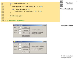 TimeTest3.cs  Program Output 98  if  ( time.Second ==  0  ) 99  { 100  time.Minute = ( time.Minute +  1  ) %  60 ; 101  102  if  ( time.Minute ==  0  ) 103  time.Hour = ( time.Hour +  1  ) %  24 ; 104  } 105  106  UpdateDisplay(); 107  } 108  109  }  // end class TimeTest3 