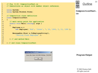 CompositionTest.cs  Program Output 1  // Fig. 8.10: CompositionTest.cs 2  // Demonstrate an object with member object reference. 3  4  using  System; 5  using  System.Windows.Forms; 6  7  // Composition class definition 8  class  CompositionTest 9  { 10  // main entry point for application 11  static void  Main(  string [] args ) 12  { 13  Employee e =  14  new  Employee(  "Bob" ,  "Jones" ,  7 ,  24 ,  1949 ,  3 ,  12 ,  1988  ); 15  16  MessageBox.Show( e.ToEmployeeString(),  17  "Testing Class Employee"  ); 18  19  }  // end method Main 20  21  }  // end class CompositionTest 