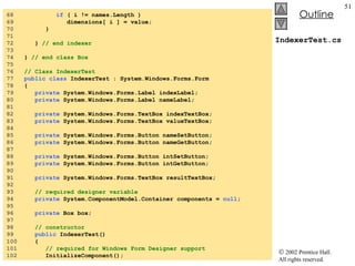 IndexerTest.cs 68  if  ( i != names.Length ) 69  dimensions[ i ] = value; 70  } 71  72  }  // end indexer 73  74  }  // end class Box 75  76  // Class IndexerTest 77  public class  IndexerTest : System.Windows.Forms.Form 78  { 79  private  System.Windows.Forms.Label indexLabel; 80  private  System.Windows.Forms.Label nameLabel; 81  82  private  System.Windows.Forms.TextBox indexTextBox; 83  private  System.Windows.Forms.TextBox valueTextBox; 84  85  private  System.Windows.Forms.Button nameSetButton; 86  private  System.Windows.Forms.Button nameGetButton; 87  88  private  System.Windows.Forms.Button intSetButton; 89  private  System.Windows.Forms.Button intGetButton; 90  91  private  System.Windows.Forms.TextBox resultTextBox; 92  93  // required designer variable 94  private  System.ComponentModel.Container components =  null ; 95  96  private  Box box; 97  98  // constructor 99  public  IndexerTest() 100  { 101  // required for Windows Form Designer support 102  InitializeComponent(); 