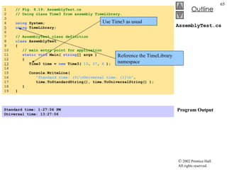 AssemblyTest.cs  Program Output 1  // Fig. 8.19: AssemblyTest.cs 2  // Using class Time3 from assembly TimeLibrary. 3  4  using  System; 5   using  TimeLibrary; 6  7  // AssemblyTest class definition 8  class  AssemblyTest 9  { 10  // main entry point for application 11  static void  Main(  string [] args ) 12  { 13   Time3 time =  new  Time3(  13 ,  27 ,  6  ); 14  15  Console.WriteLine(  16  "Standard time: {0}\nUniversal time: {1}\n" , 17  time.ToStandardString(), time.ToUniversalString() ); 18  } 19  } Standard time: 1:27:06 PM Universal time: 13:27:06   Reference the TimeLibrary namespace Use Time3 as usual 