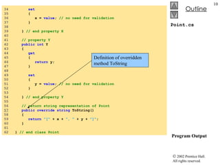 Point.cs  Program Output 34  set 35  { 36  x =  value ;  // no need for validation 37  } 38  39  }  // end property X 40  41  // property Y 42  public int  Y 43  { 44  get 45  { 46  return  y; 47  } 48  49  set 50  { 51  y =  value ;  // no need for validation 52  } 53  54  }  // end property Y 55  56  // return string representation of Point 57   public override   string  ToString() 58  { 59  return   "["  + x +  ", "  + y +  "]" ; 60  } 61  62  }  // end class Point Definition of overridden method ToString 