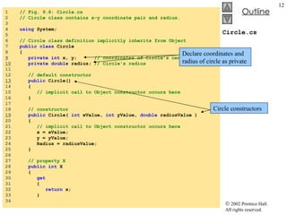 Circle.cs 1  // Fig. 9.6: Circle.cs 2  // Circle class contains x-y coordinate pair and radius. 3  4  using  System; 5  6  // Circle class definition implicitly inherits from Object 7  public class  Circle 8  { 9   private int  x, y;  // coordinates of Circle's center 10   private double  radius;  // Circle's radius 11  12  // default constructor 13   public  Circle() 14  { 15  // implicit call to Object constructor occurs here 16  } 17  18  // constructor 19   public  Circle(  int  xValue,  int  yValue,  double  radiusValue ) 20  { 21  // implicit call to Object constructor occurs here 22  x = xValue; 23  y = yValue; 24  Radius = radiusValue; 25  } 26  27  // property X 28  public int  X 29  { 30  get 31  { 32  return  x; 33  } 34  Declare coordinates and radius of circle as private Circle constructors 