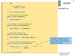 Circle2.cs 34  set 35  { 36  if  (  value  >=  0  ) 37  radius =  value ; 38  } 39  40  }  // end property Radius 41  42  // calculate Circle diameter 43  public double  Diameter() 44  { 45  return  radius *  2 ; 46  } 47  48  // calculate Circle circumference 49  public double  Circumference() 50  { 51  return  Math. PI  * Diameter(); 52  } 53  54  // calculate Circle area 55  public virtual double  area() 56  { 57  return  Math. PI  * Math.Pow( radius,  2  ); 58  } 59  60  // return string representation Circle 61  public override string  ToString() 62  { 63   return   "Center = ["  + x +  ", "  + y +  "]"  + 64  "; Radius = "  + radius; 65  } 66  67  }  // end class Circle2 Attempt to directly access private base class members results in an error 