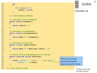 Circle3.cs 35  set 36  { 37  if  (  value  >=  0  ) 38  radius =  value ; 39  } 40  41  }  // end property Radius 42  43  // calculate Circle diameter 44  public double  Diameter() 45  { 46  return  radius *  2 ; 47  } 48  49  // calculate circumference 50  public double  Circumference() 51  { 52  return  Math. PI  * Diameter(); 53  } 54  55  // calculate Circle area 56  public virtual  double Area() 57  { 58  return  Math. PI  * Math.Pow( radius,  2  ); 59  } 60  61  // return string representation of Circle3 62  public override string  ToString() 63  { 64   return   "Center = ["  + x +  ", "  + y +  "]"  + 65  "; Radius = "  + radius; 66  } 67  68  }  // end class Circle3 Directly accessing protected members does not result in error 