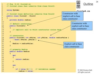 Circle4.cs 1  // Fig. 9.13: Circle4.cs 2  // Circle4 class that inherits from class Point3. 3  4  using  System; 5  6  // Circle4 class definition inherits from Point3 7  public class  Circle4 : Point3 8  { 9  private double  radius; 10  11  // default constructor 12   public  Circle4() 13  { 14  // implicit call to Point constructor occurs here 15  } 16  17  // constructor 18   public  Circle4(  int  xValue,  int  yValue,  double  radiusValue ) 19   :  base ( xValue, yValue ) 20  { 21  Radius = radiusValue; 22  } 23  24  // property Radius 25  public double  Radius 26  { 27  get 28  { 29  return  radius; 30  } 31  32  set 33  { 34  if  (  value  >=  0  )  // validation needed 35  radius =  value ; Constructor with explicit call to base class constructor Explicit call to base class constructor Constructor with implicit call to base class constructor 
