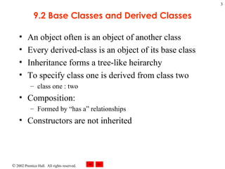 9.2 Base Classes and Derived Classes An object often is an object of another class Every derived-class is an object of its base class Inheritance forms a tree-like heirarchy To specify class one is derived from class two class one : two Composition: Formed by “has a” relationships Constructors are not inherited 