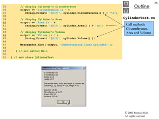 CylinderTest.cs 35  // display Cylinder's Circumference 36  output +=  "Circumference is "  + 37   String.Format(  "{0:F}" , cylinder.Circumference() ) +  "\n" ; 38  39  // display Cylinder's Area 40   output +=  "Area is "  + 41  String.Format(  "{0:F}" , cylinder.Area() ) +  "\n" ; 42  43  // display Cylinder's Volume 44   output +=  "Volume is "  + 45  String.Format(  "{0:F}" , cylinder.Volume() ); 46  47  MessageBox.Show( output,  "Demonstrating Class Cylinder"  ); 48  49  }  // end method Main 50  51  }  // end class CylinderTest Call methods Circumference, Area and Volume 