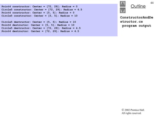 ConstructorAndDestructor.cs  program output Point4 constructor: Center = [72, 29]; Radius = 0 Circle5 constructor: Center = [72, 29]; Radius = 4.5 Point4 constructor: Center = [5, 5]; Radius = 0 Circle5 constructor: Center = [5, 5]; Radius = 10   Circle5 destructor: Center = [5, 5]; Radius = 10 Point4 destructor: Center = [5, 5]; Radius = 10 Circle5 destructor: Center = [72, 29]; Radius = 4.5 Point4 destructor: Center = [72, 29]; Radius = 4.5 