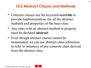 10.5 Abstract Classes and Methods Concrete classes use the keyword  override  to provide implementations for all the abstract methods and properties of the base-class Any class with an abstract method or property must be declared  abstract Even though abstract classes cannot be instantiated, we can use abstract class references to refer to instances of any concrete class derived from the abstract class 