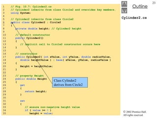 Cylinder2.cs 1  // Fig. 10.7: Cylinder2.cs 2  // Cylinder2 inherits from class Circle2 and overrides key members. 3  using  System; 4  5  // Cylinder2 inherits from class Circle2 6   public   class  Cylinder2 : Circle2 7  { 8  private   double  height;  // Cylinder2 height 9  10  // default constructor 11  public  Cylinder2() 12  { 13  // implicit call to Circle2 constructor occurs here 14  } 15  16  // constructor 17  public  Cylinder2(  int  xValue,  int  yValue,  double  radiusValue, 18  double  heightValue ) :  base ( xValue, yValue, radiusValue ) 19  { 20  Height = heightValue; 21  } 22  23  // property Height 24  public   double  Height 25  { 26  get 27  { 28  return  height; 29  } 30  31  set 32  { 33  // ensure non-negative height value 34  if  (  value  >=  0  ) 35  height =  value ; Class Cylinder2 derives from Circle2 