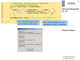 AbstractShapesTest.cs Program Output 31  // display Name, Area and Volume for each object 32  // in arrayOfShapes polymorphically 33   foreach ( Shape shape  in  arrayOfShapes ) 34  { 35   output +=  "\n\n"  + shape.Name +  ": "  + shape + 36  "\nArea = "  + shape.Area().ToString(  "F"  ) +  37  "\nVolume = "  + shape.Volume().ToString(  "F"  ); 38  } 39  40  MessageBox.Show( output,  "Demonstrating Polymorphism"  );  41  } 42  } Use a foreach loop to access every element of the array Rely on polymorphism to call appropriate version of methods 