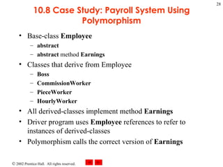 10.8 Case Study: Payroll System Using Polymorphism Base-class  Employee abstract abstract  method  Earnings Classes that derive from Employee Boss CommissionWorker PieceWorker HourlyWorker All derived-classes implement method  Earnings Driver program uses  Employee  references to refer to instances of derived-classes Polymorphism calls the correct version of  Earnings 