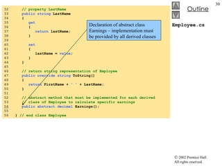 Employee.cs 32  // property LastName 33  public   string  LastName 34  { 35  get 36  { 37  return  lastName; 38  } 39  40  set 41  { 42  lastName =  value ; 43  } 44  } 45  46  // return string representation of Employee 47  public   override   string  ToString() 48  { 49  return  FirstName +  " "  + LastName; 50  } 51  52  // abstract method that must be implemented for each derived 53  // class of Employee to calculate specific earnings 54   public   abstract   decimal  Earnings(); 55  56  }  // end class Employee Declaration of abstract class Earnings – implementation must be provided by all derived classes 
