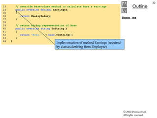 Boss.cs 33  // override base-class method to calculate Boss's earnings 34   public   override   decimal  Earnings() 35  { 36  return  WeeklySalary; 37  } 38  39  // return string representation of Boss 40  public   override   string  ToString() 41  { 42  return   "Boss: "  +  base .ToString(); 43  } 44  } Implementation of method Earnings (required by classes deriving from Employee) 