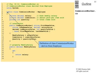 CommisionWorker.cs 1  // Fig. 10.11: CommisionWorker.cs 2  // CommissionWorker class derived from Employee 3  using  System; 4  5   public   class  CommissionWorker : Employee 6  { 7  private   decimal  salary;  // base weekly salary 8  private   decimal  commission;  // amount paid per item sold 9  private   int  quantity;  // total items sold 10  11  // constructor 12  public  CommissionWorker(  string  firstNameValue, 13  string  lastNameValue,  decimal  salaryValue, 14  decimal commissionValue,  int  quantityValue )  15  :  base ( firstNameValue, lastNameValue ) 16  { 17  WeeklySalary = salaryValue; 18  Commission = commissionValue; 19  Quantity = quantityValue; 20  } 21  22  // property WeeklySalary 23  public   decimal  WeeklySalary 24  { 25  get 26  { 27  return  salary; 28  } 29  Definition of class CommissionWorker – derives from Employee 