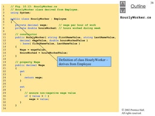 HourlyWorker.cs 1  // Fig. 10.13: HourlyWorker.cs 2  // HourlyWorker class derived from Employee. 3  using  System; 4  5   public   class  HourlyWorker : Employee 6  { 7  private   decimal  wage;  // wage per hour of work 8  private   double  hoursWorked;  // hours worked during week 9  10  // constructor 11  public  HourlyWorker(  string  firstNameValue,  string  LastNameValue, 12  decimal  wageValue,  double  hoursWorkedValue ) 13  :  base ( firstNameValue, LastNameValue ) 14  { 15  Wage = wageValue; 16  HoursWorked = hoursWorkedValue; 17  } 18  19  // property Wage 20  public   decimal  Wage 21  { 22  get 23  { 24  return  wage; 25  } 26  27  set 28  { 29  // ensure non-negative wage value 30  if  (  value  >  0  ) 31  wage =  value ; 32  } 33  } 34  Definition of class HourlyWorker – derives from Employee 