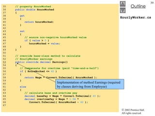 HourlyWorker.cs 35  // property HoursWorked 36  public   double  HoursWorked 37  { 38  get 39  { 40  return  hoursWorked; 41  } 42  43  set   44  { 45  // ensure non-negative hoursWorked value 46  if  (  value  >  0  ) 47  hoursWorked =  value ; 48  } 49  } 50  51  // override base-class method to calculate  52  // HourlyWorker earnings 53   public   override   decimal  Earnings() 54  { 55  // compensate for overtime (paid "time-and-a-half") 56  if  ( HoursWorked <=  40  ) 57  { 58  return  Wage * Convert.ToDecimal( HoursWorked ); 59  } 60  61  else 62  { 63  // calculate base and overtime pay 64  decimal  basePay = Wage * Convert.ToDecimal(  40  ); 65  decimal  overtimePay = Wage *  1.5M  * 66  Convert.ToDecimal( HoursWorked -  40  ); 67  Implementation of method Earnings (required by classes deriving from Employee) 