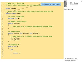 Point.cs 1  // Fig. 10.1: Point.cs 2  // Point class represents an x-y coordinate pair. 3  4  using  System; 5  6  // Point class definition implicitly inherits from Object 7   public   class  Point 8  { 9  // point coordinate 10  private   int  x, y; 11  12  // default constructor 13  public  Point() 14  { 15  // implicit call to Object constructor occurs here 16  } 17  18  // constructor 19  public  Point(  int  xValue,  int  yValue ) 20  { 21  // implicit call to Object constructor occurs here 22  X = xValue; 23  Y = yValue; 24  } 25  26  // property X 27  public   int  X 28  { 29  get 30  { 31  return  x; 32  } 33  Definition of class Point 