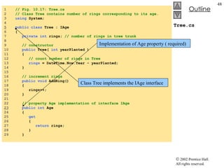 Tree.cs 1  // Fig. 10.17: Tree.cs 2  // Class Tree contains number of rings corresponding to its age. 3  using  System; 4  5   public   class  Tree : IAge 6  { 7  private   int  rings;  // number of rings in tree trunk 8  9  // constructor 10  public  Tree(  int  yearPlanted ) 11  { 12  // count number of rings in Tree 13  rings  = DateTime.Now.Year - yearPlanted; 14  } 15  16  // increment rings 17  public   void  AddRing() 18  { 19  rings++; 20  } 21  22  // property Age implementation of interface IAge 23   public   int  Age 24  { 25  get 26  { 27  return  rings; 28  } 29  } Class Tree implements the IAge interface Implementation of Age property ( required) 