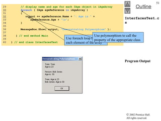 InterfacesTest.cs Program Output 29  // display name and age for each IAge object in iAgeArray 30   foreach  ( IAge ageReference  in  iAgeArray ) 31  { 32   output += ageReference.Name +  ": Age is "  +  33  ageReference.Age +  "\n" ; 34  } 35  36  MessageBox.Show( output,  "Demonstrating Polymorphism"  ); 37  38  }  // end method Main 39  40  }  // end class InterfacesTest Use foreach loop to access each element of the array Use polymorphism to call the property of the appropriate class 