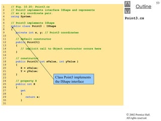 Point3.cs 1  // Fig. 10.20: Point3.cs 2  // Point3 implements interface IShape and represents 3  // an x-y coordinate pair. 4  using  System; 5  6  // Point3 implements IShape 7   public   class  Point3 : IShape 8  { 9  private   int  x, y;  // Point3 coordinates 10  11  // default constructor 12  public  Point3() 13  { 14  // implicit call to Object constructor occurs here 15  } 16  17  // constructor 18  public  Point3(  int  xValue,  int  yValue ) 19  { 20  X = xValue; 21  Y = yValue; 22  } 23  24  // property X 25  public   int  X 26  { 27  get 28  { 29  return  x; 30  } 31  Class Point3 implements the IShape interface 