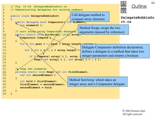 DelegateBubbleSort.cs 1  // Fig. 10.24: DelegateBubbleSort.cs 2  // Demonstrating delegates for sorting numbers. 3  4  public   class  DelegateBubbleSort 5  { 6   public   delegate   bool  Comparator(  int  element1,  7  int  element2 ); 8  9  // sort array using Comparator delegate 10   public   static   void  SortArray(  int [] array,  11  Comparator Compare ) 12  { 13  for  (  int  pass =  0 ; pass < array.Length; pass++ ) 14  15  for  (  int  i =  0 ; i < array.Length -  1 ; i++ ) 16  17   if  ( Compare( array[ i ], array [ i +  1  ] ) ) 18  Swap(  ref  array[ i ],  ref  array[ i +  1  ] );  19  } 20  21  // swap two elements 22   private   static   void  Swap(  ref   int  firstElement,  23  ref   int  secondElement ) 24  { 25  int  hold = firstElement; 26  firstElement = secondElement; 27  secondElement = hold; 28  } 29  } Delegate Comparator definition declaration; defines a delegate to a method that takes two integer parameters and returns a boolean Method SortArray which takes an integer array and a Comparator delegate Call delegate method to compare array elements Method Swap, swaps the two arguments (passed by reference) 